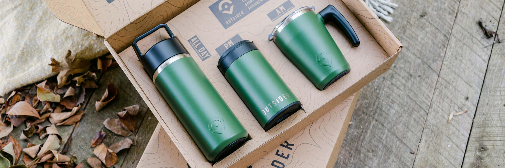 Outsider Stainless Steel Insulated Coffee Mug Water Tumbler Seltzer Koozie Bundle in Green