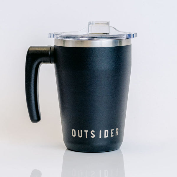 Outsider Black Insulated Stainless Steel Travel Coffee Mug Cup with rotating handle front view