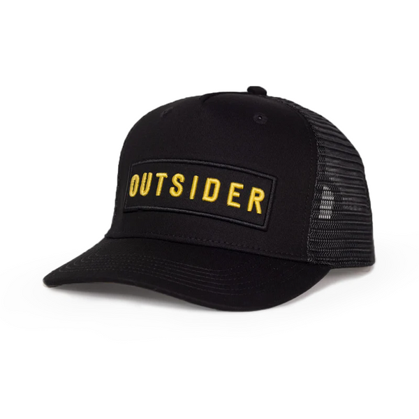 Outsider Black on Black Block Yellow Logo Adjustable Snapback Trucker Hat for men and women