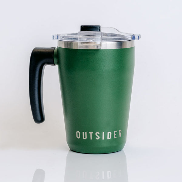 Outsider Green Insulated Stainless Steel Travel Coffee Mug Cup with rotating handle front view