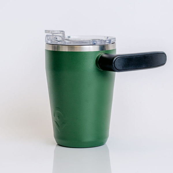 Outsider Green Insulated Stainless Steel Travel Coffee Mug Cup with rotating handle side view
