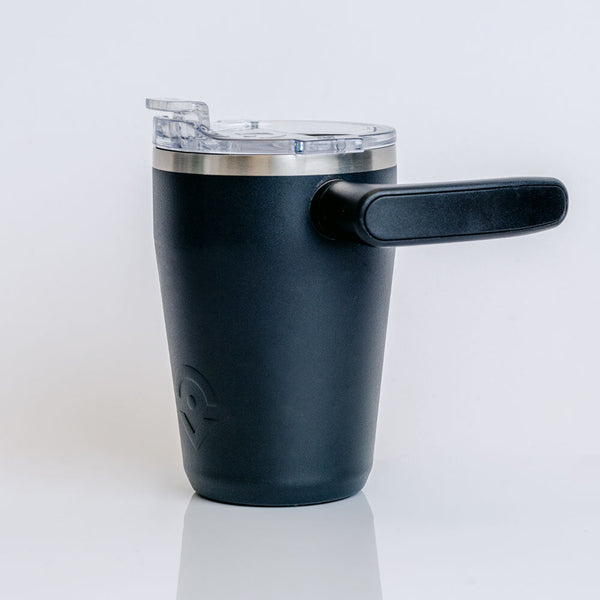 Outsider Black Insulated Stainless Steel Travel Coffee Mug Cup with rotating handle side view