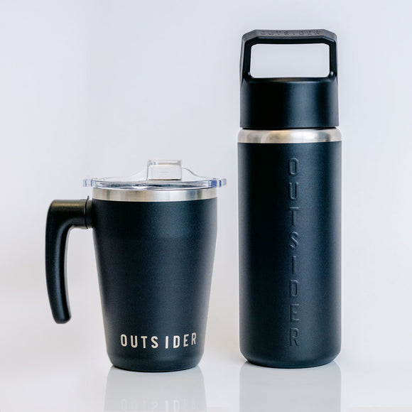 Outsider AM & All Day Gift Set in Matte Black - 26 ounce insulated water bottle and 17 ounce travel coffee cup