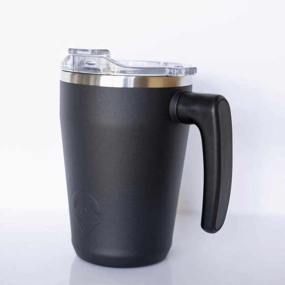 Outsider AM Matte Black Insulated Coffee Cup with a rotating handle to fit your cupholder