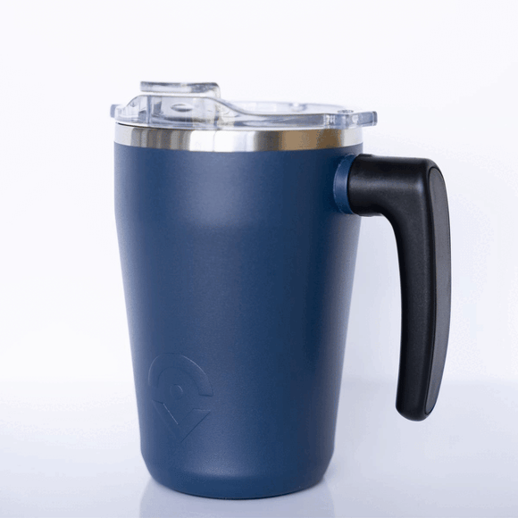 Outsider AM Matte Navy Blue Insulated Coffee Cup with a rotating handle to fit your cupholder