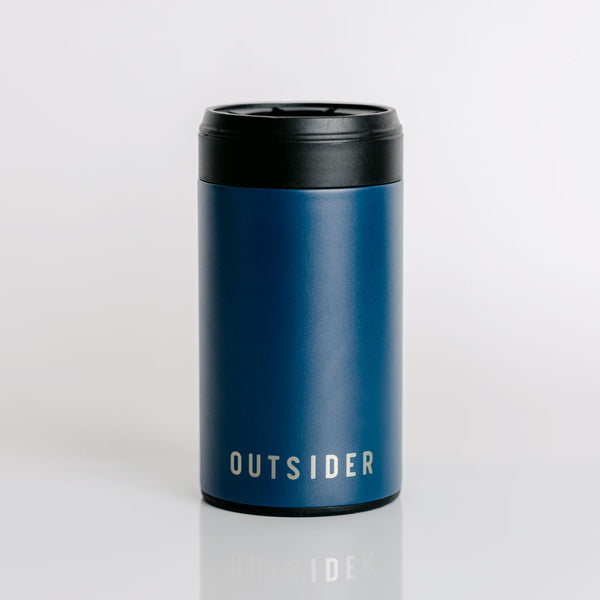 Outsider The PM stainless steel insulated adult beverage cooler in matte navy blue great for beer, seltzer, bottles, and cans