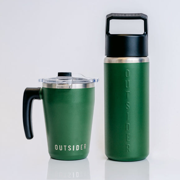 Outsider AM & All Day Gift Set in Matte Green - 26 ounce insulated water bottle and 17 ounce travel coffee cup