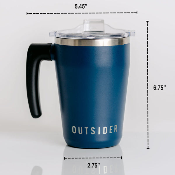 The Outsider AM Triple Vacuum Insulated Travel Coffee Mug in Matte Navy Blue Dimensions