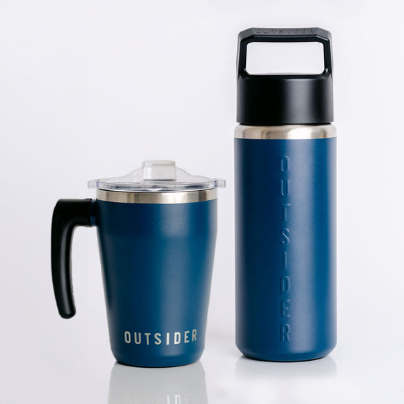 Outsider AM & All Day Gift Set in Matte Navy Blue - 26 ounce insulated water bottle and 17 ounce travel coffee cup