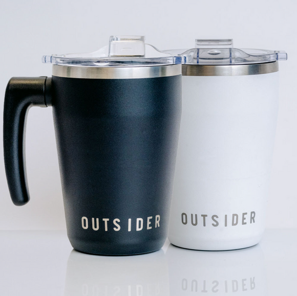 Outsider AM Black and White matching his and hers insulated travel coffee cups