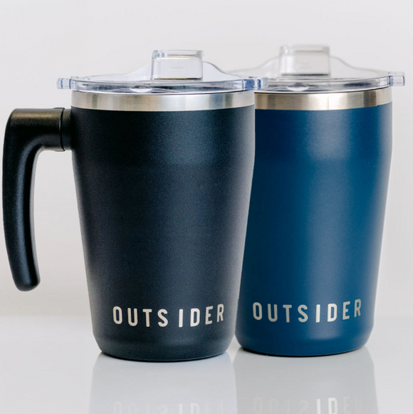 Outsider AM Black and Navy Blue matching his and hers insulated travel coffee cups
