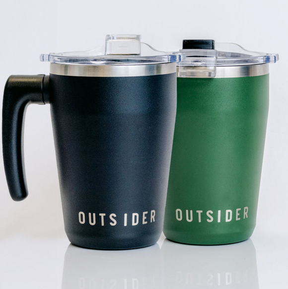 Outsider AM Black and Green matching his and hers insulated travel coffee cups
