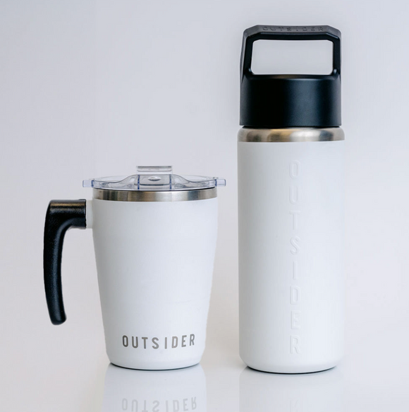 Outsider AM & All Day Gift Set in Matte White - 26 ounce insulated water bottle and 17 ounce travel coffee cup