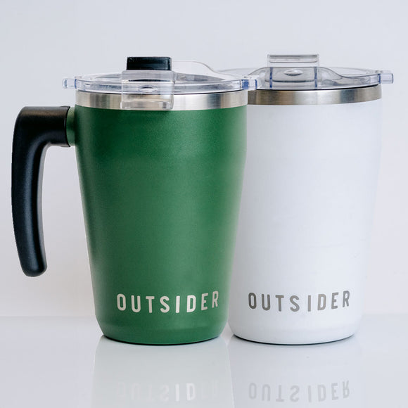 Outsider AM White and Green matching his and hers insulated travel coffee cups