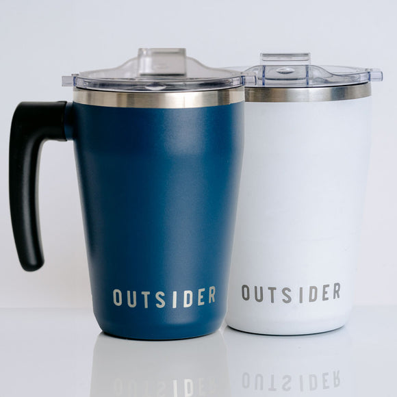 Outsider AM White and Navy Blue matching his and hers insulated travel coffee cups