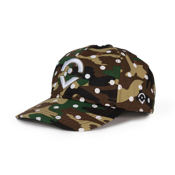 Outsider Camo Adjustable snapback hat with white dots and white embroidered logo