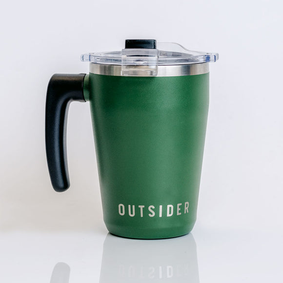 Outsider Green Insulated Stainless Steel Travel Coffee Cup with rotating handle front view