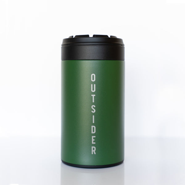 Outsider The PM Insulated Can and Bottle Cooler Koozie Coozie in Matte Green with Vertical Logo