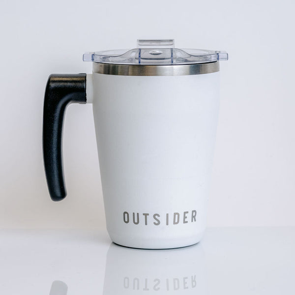 Outsider White Insulated Stainless Steel Travel Coffee Cup with rotating handle front view