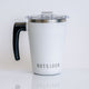 Outsider White Insulated Stainless Steel Travel Coffee Mug Cup with rotating handle front view
