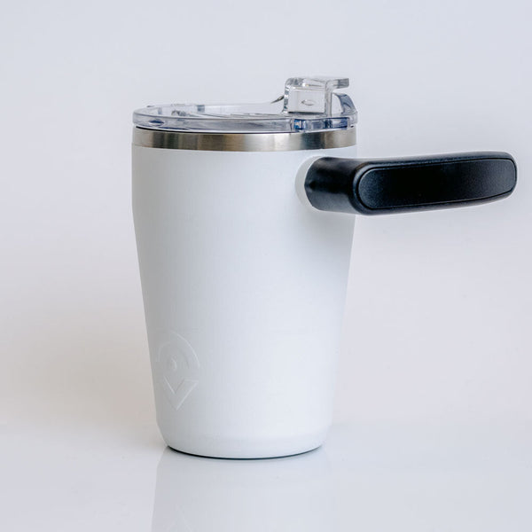 Outsider White Insulated Stainless Steel Travel Coffee Cup with rotating handle side view