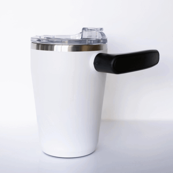 Outsider White Insulated Stainless Steel Travel Coffee Cup with rotating handle view