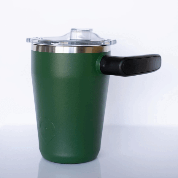Outsider Green Insulated Stainless Steel Travel Coffee Cup with rotating handle view